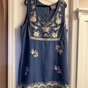 Johnny Was Navy Blue Sleeveless Embroidered Midi Dress